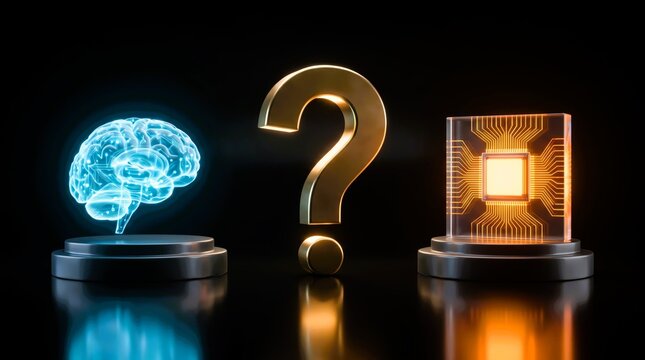 Glowing blue human brain and orange computer processor chip stand beside a large metallic gold question mark on pedestals