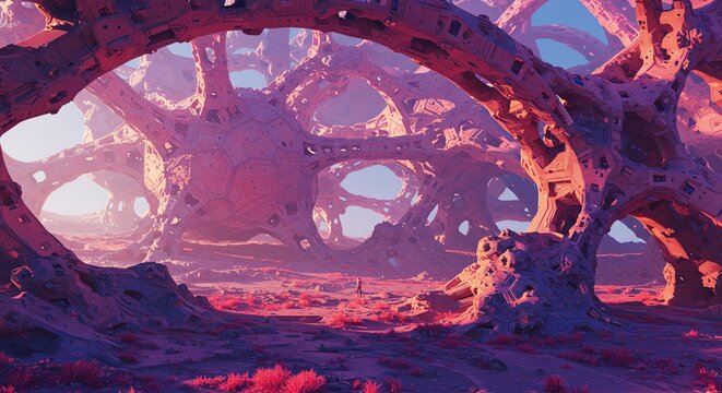 Person standing under giant alien structure on purple planet