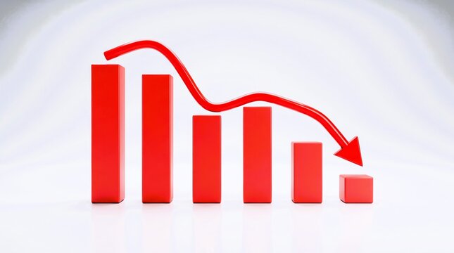 Vibrant red bar graph with a downward sloping trend arrow illustrating significant financial losses in a clean minimalist digital environment