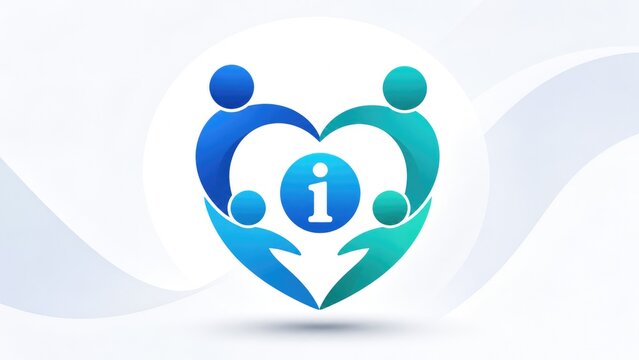 Abstract heart-shaped icon of four people encircling an information "i" symbol, representing community support, help, care and information services
