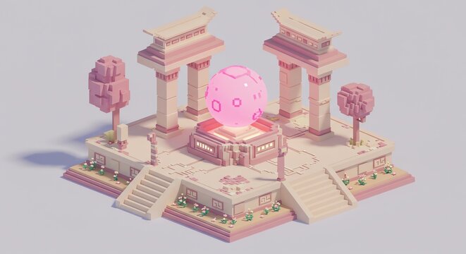 Pink voxel temple with glowing sphere and trees