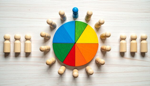 Colorful Wooden Pie Chart Slices Surrounded by Wooden Peg Figures with Standout Blue Leader Representing Market Share Distribution, Budget Allocation, Business Ownership, and Resource Division