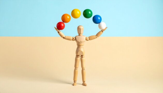 Wooden Artist Mannequin Juggling Colorful Wooden Spheres in an Arc Symbolizing Work-Life Balance, Task Management, Multitasking, and Creative Skill