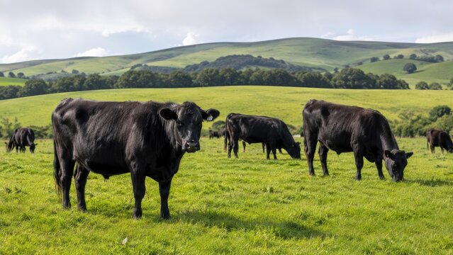 Herd of black Angus cattle grazing on a green pasture with rolling hills, trees and a partly cloudy sky in a rural farmland scene