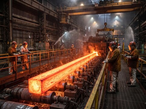 Red hot steel beam moving along production line in a heavy metal manufacturing factory