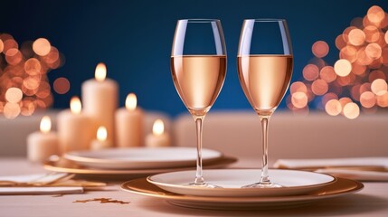 Fototapeta premium Festive table set for New Years Eve with champagne flutes and gold accents