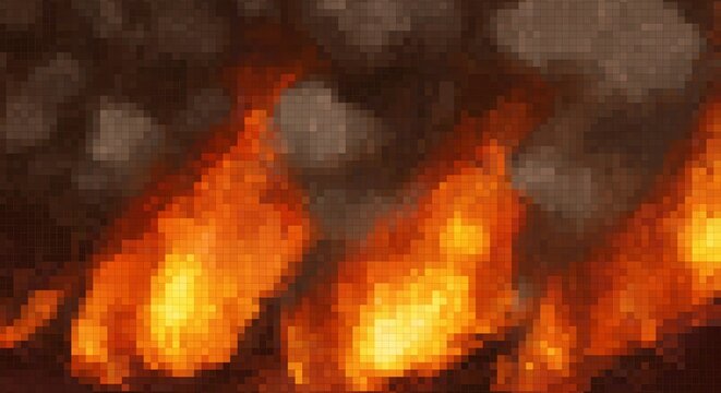 Pixelated orange flames in dark smoke