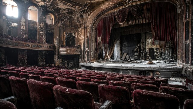 Abandoned decaying historic theater interior with rows of red velvet seats, ornate balconies, peeling plaster and a tattered stage curtain amid dust and debris