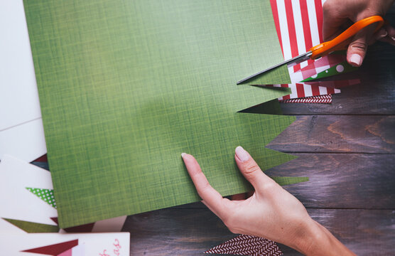 Christmas: Cutting Trees From Green Paper For Christmas Cards