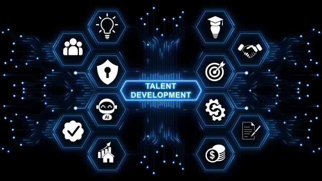 Advanced workforce training dashboard powered by Talent Development interface with secure employee capability analytics with neon toolbox any item use for animation. Concept with technology background