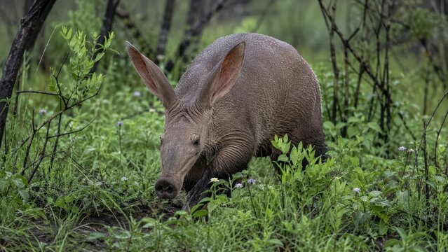 Aardvark foraging in green grassy bush with shrubs and small wildflowers