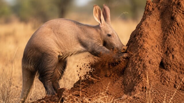 Aardvark digging at termite mound in dry grassy landscape at dusk