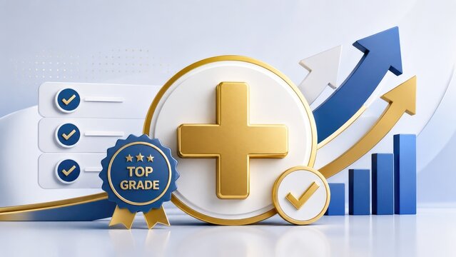 Gold medical plus symbol with top grade badge, check marks and ascending arrows over blue bar chart representing quality and growth