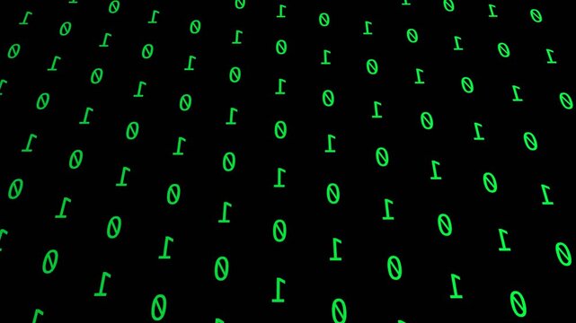 Green binary code pattern on a black background, creating a digital matrix effect with numbers receding into perspective.