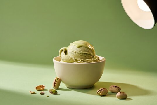 Pistachio Ice Cream in Ceramic Bowl with Soft Studio Light