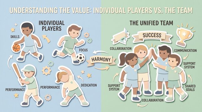 Teamwork and individual players comparison infographic, unified team success concept, sports collaboration and harmony illustration
