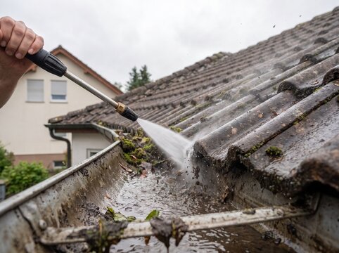 Person using a high pressure water sprayer to clean a dirty roof gutter filled with leaves and moss at home