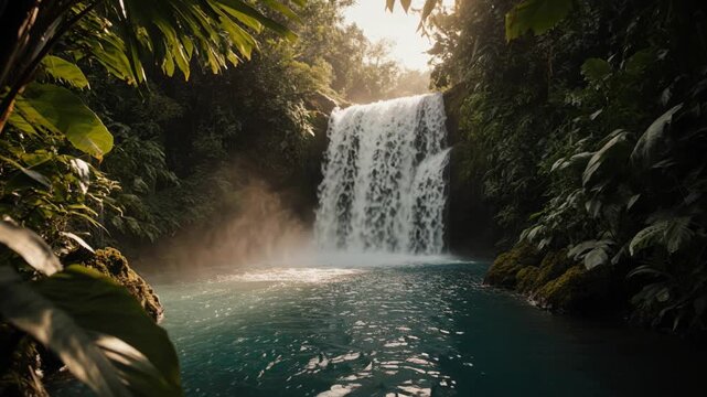 Tropical forest waterfall: serene pool, jungle vegetation, rushing stream, hidden sanctuary, exotic wilderness, sunbeam illumination, paradise setting, misty lagoon, majestic cascade.