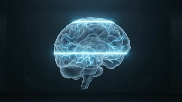 Glowing digital human brain model with light scanning effect on a dark background representing artificial intelligence