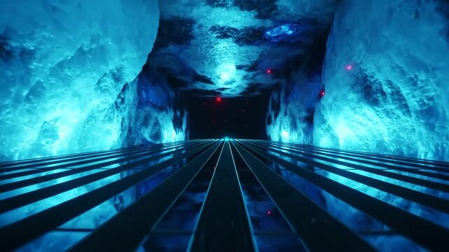 Futuristic ice cave corridor with reflective metallic flooring in neon blue cinematic atmosphere.