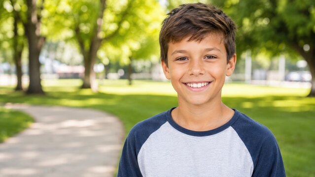 Smiling teenage boy portrait outdoors in a sunlit tree-lined park by a paved pathway