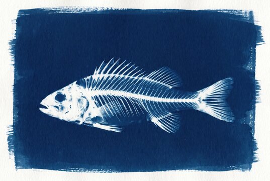 Cyanotype fish skeleton on blue paper art print