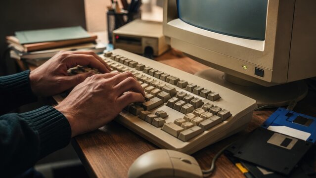 Hands typing on a beige vintage computer keyboard beside a CRT monitor and stacked floppies, evoking 1990s tech nostalgia and a retro workspace