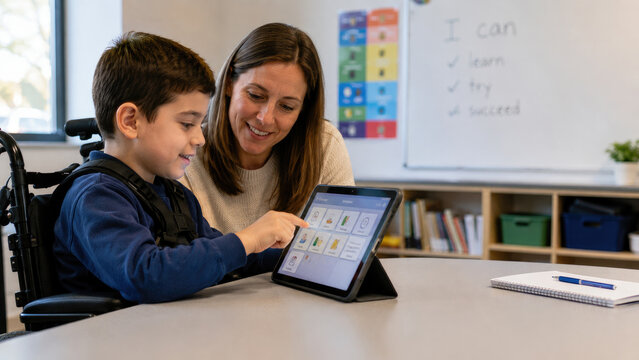 Teacher guiding a smiling boy in a wheelchair using a tablet for communication and learning in an inclusive classroom