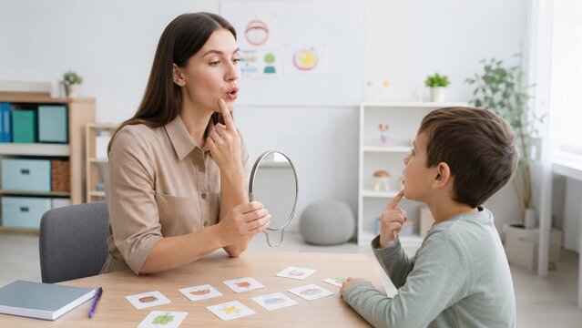 Female therapist guiding young boy through mirror-based speech and articulation exercises with picture flashcards during a one-on-one session