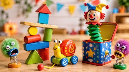 Naklejka premium Colorful wooden children's toys on a playroom table including blocks, pull-along snail, jack-in-the-box and fuzzy spring figures