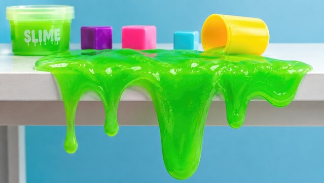 Bright neon green slime oozing over a white table edge from a tipped yellow cup with colorful toy cubes and a slime jar against a blue background