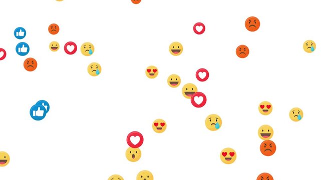 Animated social media reaction emojis floating on white background, love like happy sad angry and wow symbols, online engagement elements, 4K