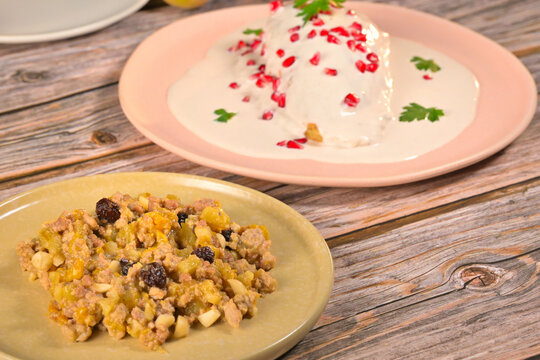 Food photography. Texture detail of picadillo and chiles en nogada with sauce