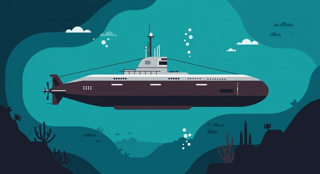 Submarine in deep blue ocean underwater environment