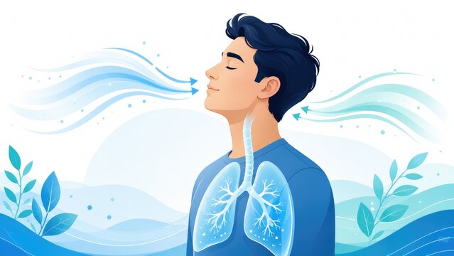 Young man calmly breathing with translucent lungs and visible airflow, illustrating respiratory health, deep breathing and wellness in a blue nature-inspired illustration