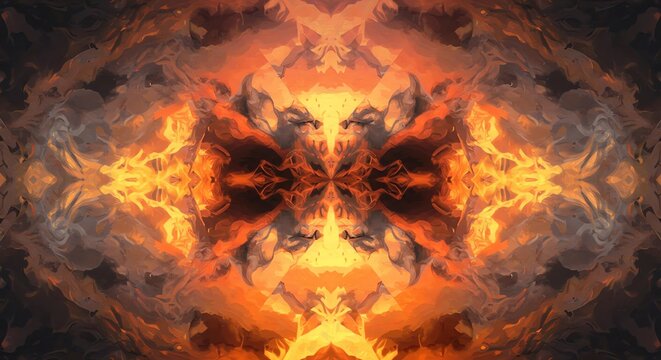Symmetrical abstract pattern of orange fire and lava