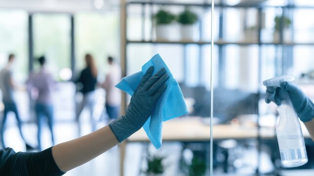 Professional cleaner wiping glass office partition with spray and cloth for hygiene