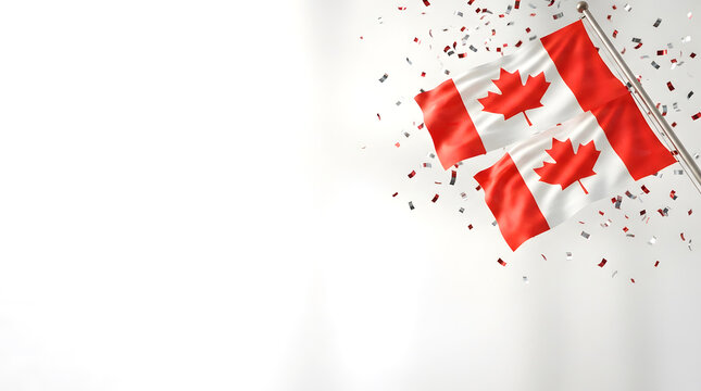 Festive labor day background featuring vibrant red maple leaves and colorful confetti scattered on a clean white surface