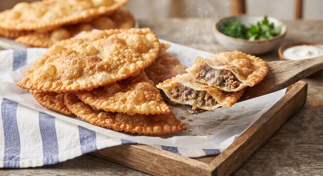 Delicious homemade chebureki pies with juicy minced meat filling on wooden tray