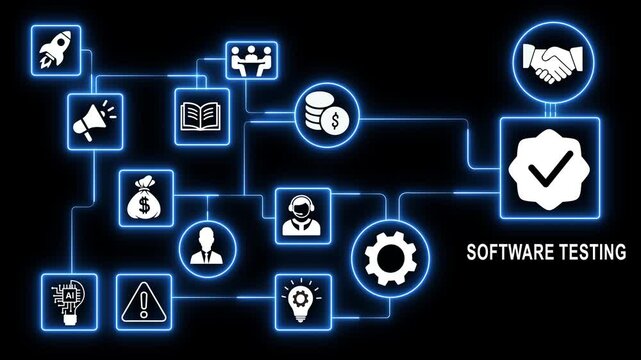 Software testing and assurance concept with neon digital network interface and