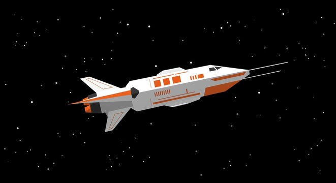 White and orange spaceship flying in starry space
