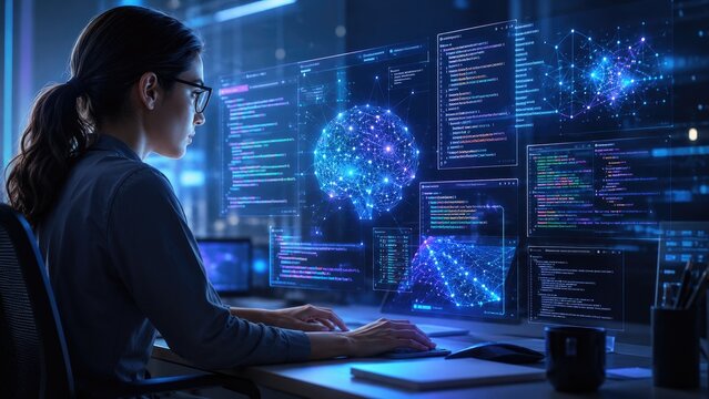 Female programmer coding artificial intelligence with neural network and data visualizations on multiple transparent screens