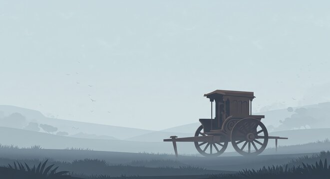 Wooden carriage in a misty hill landscape