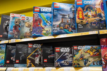 Fototapeta premium Lego construction kits for sale at Lego Store. Lego is a line of plastic construction toys that are manufactured by The Lego Group company in Denmark. Minsk, Belarus - June 10, 2026
