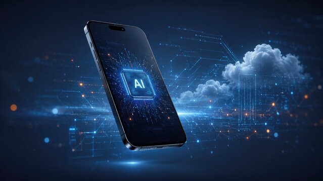 Smartphone displaying an AI chip graphic with cloud computing and network data connections in a blue futuristic tech scene