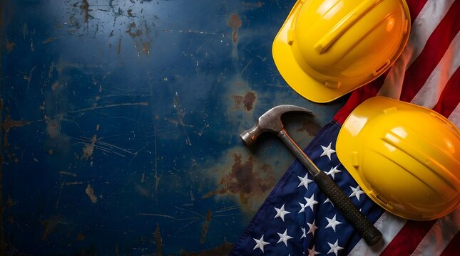 Two yellow construction hard hats and a metal hammer placed on an american flag for labor day celebration