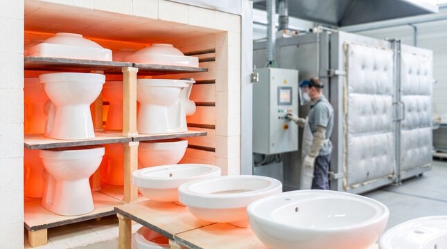 Ceramic toilet and sink ware firing in industrial kiln. Factory worker monitoring production equipment in sanitaryware manufacturing facility. Industrial process and craftsmanship concept.