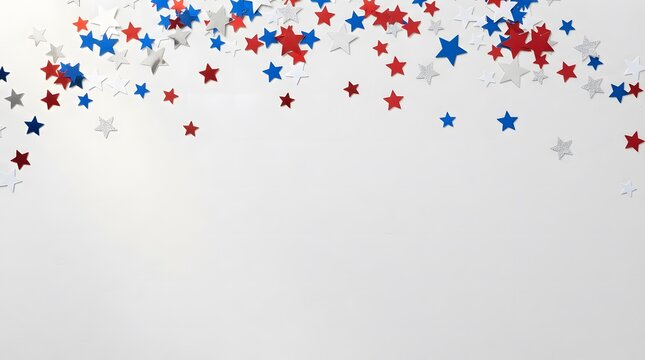 Festive red white and blue star shaped confetti scattered on a plain white background for labor day celebration