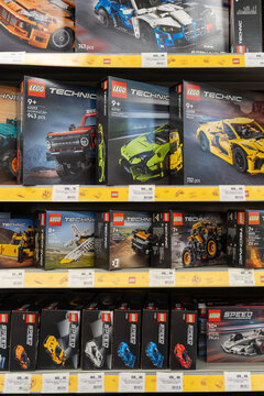 Lego construction kits for sale at Lego Store. Lego is a line of plastic construction toys that are manufactured by The Lego Group company in Denmark. Minsk, Belarus - June 10, 2026