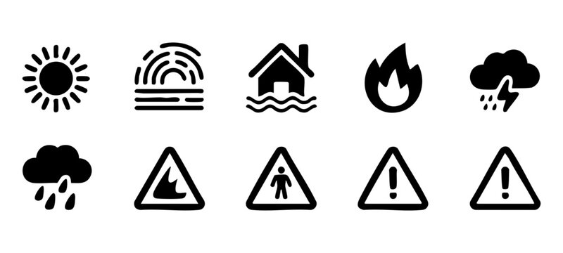 Severe weather and safety hazard alert icons set including fire flood and caution sign symbols.